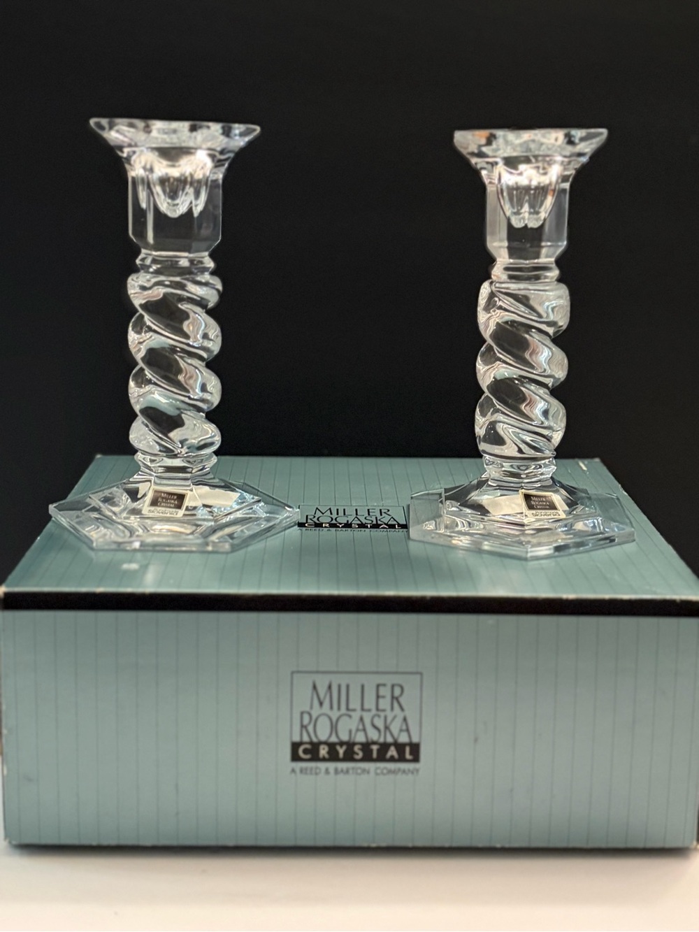 Miller Rogaska Crystal Twist Candlesticks Pair Boxed Slovenia Reed & Barton Tags